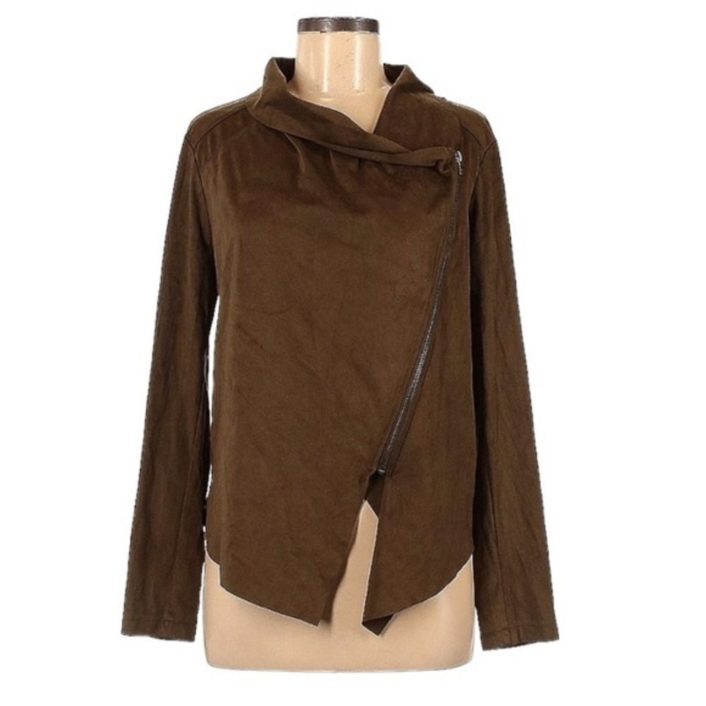 NWT Vigoss M brown asymmetrical zipper faux suede drape neck crop moto‎ jacket